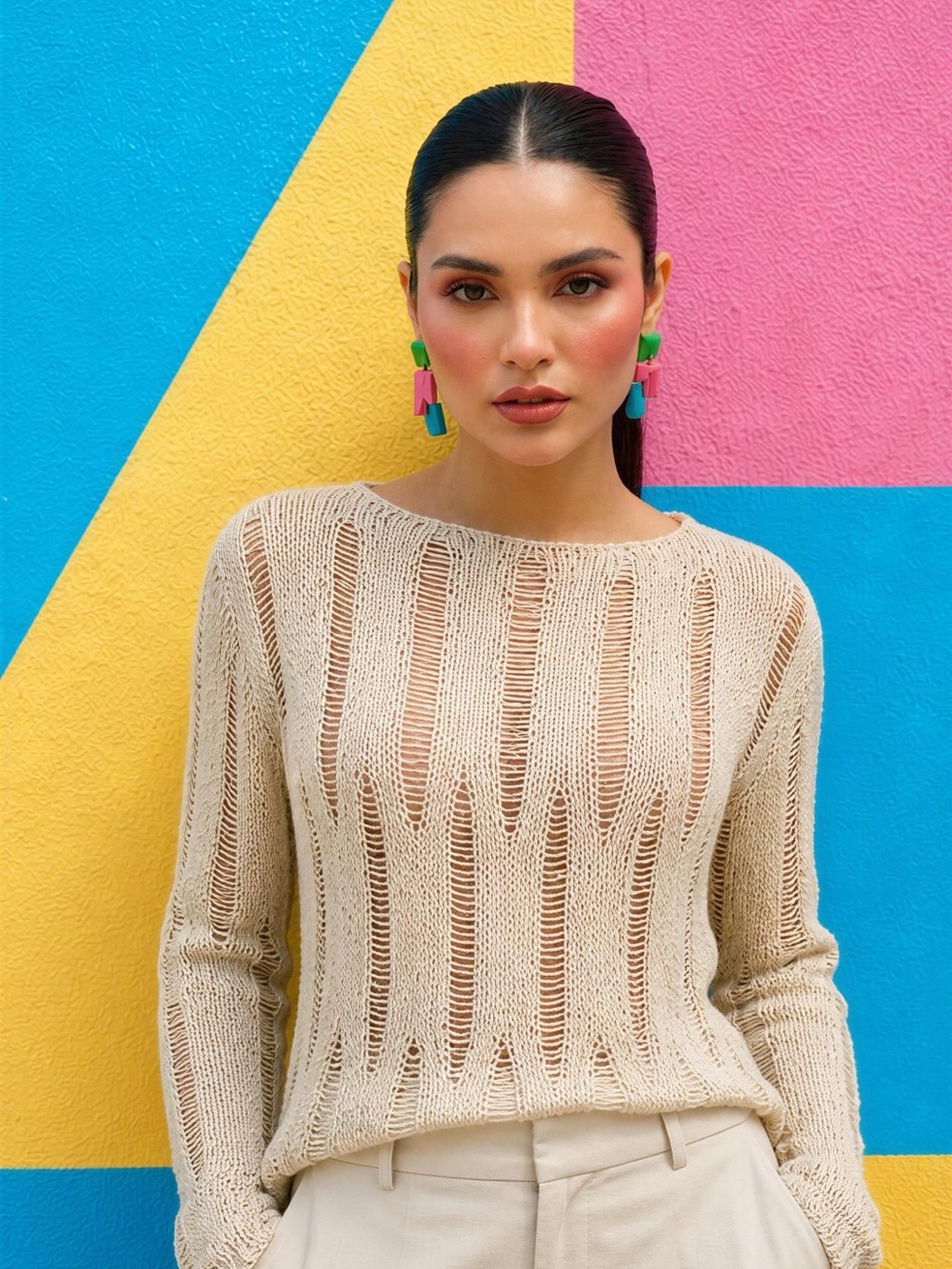 Vintage Jessica Simpson Beige Open-Weave Scoop Neck Sweater